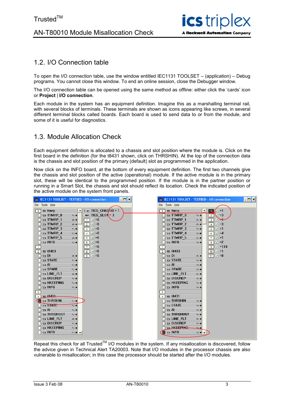I/o connection table, Module allocation check, Trusted | Rockwell Automation T80010 Application Note Module Misallocation Check User Manual | Page 3 / 4