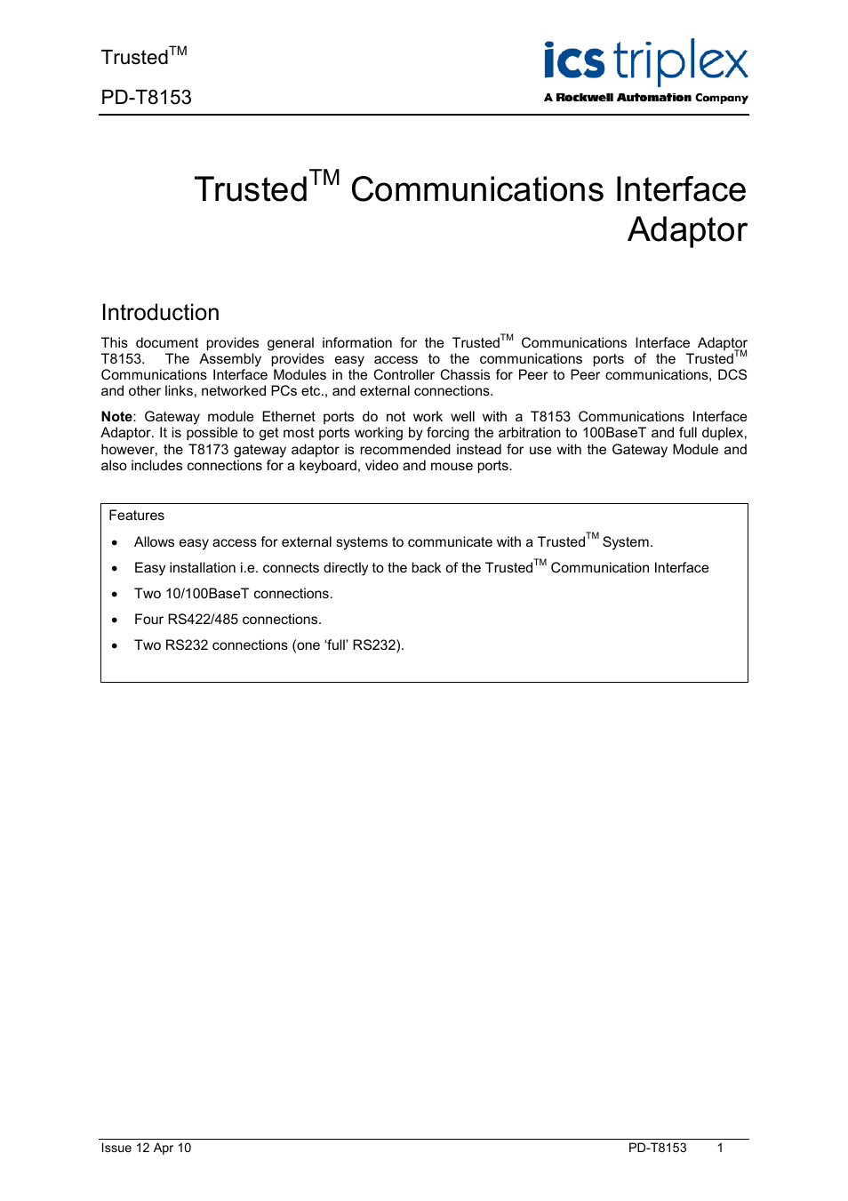 Rockwell Automation T8153 Trusted Communications Interface Adaptor User Manual | 18 pages