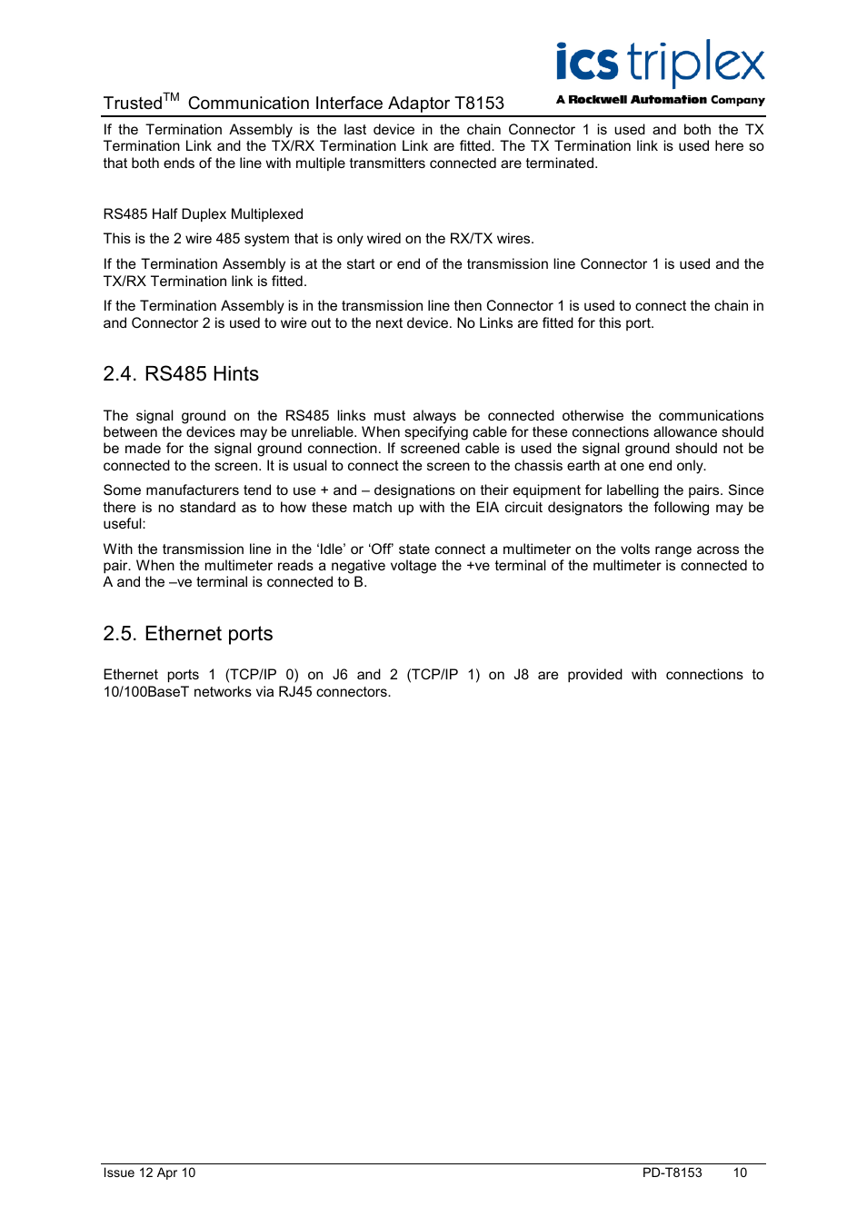 Rs485 hints, Ethernet ports | Rockwell Automation T8153 Trusted Communications Interface Adaptor User Manual | Page 10 / 18