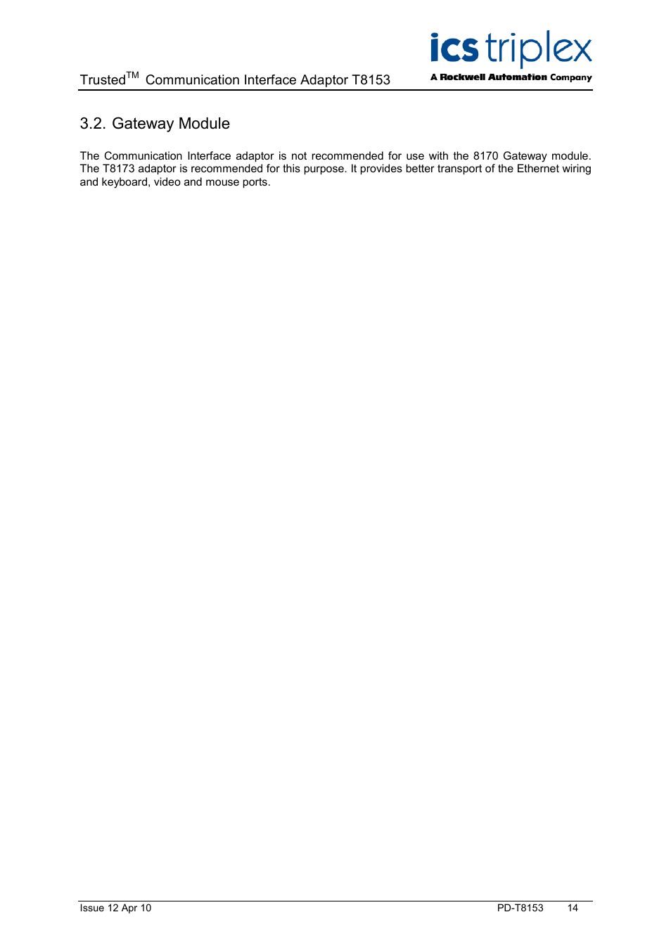 Gateway module | Rockwell Automation T8153 Trusted Communications Interface Adaptor User Manual | Page 14 / 18