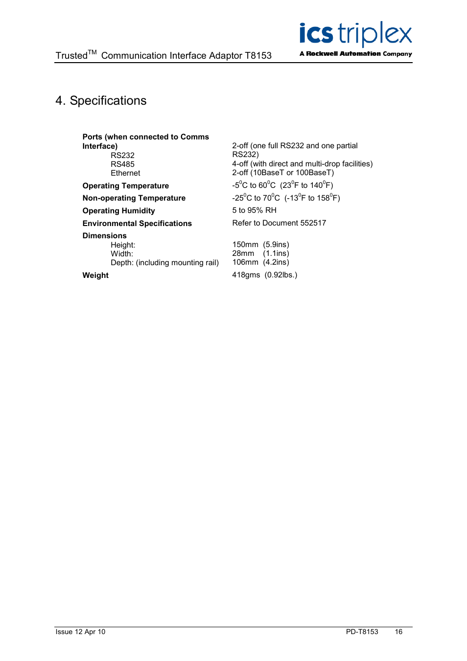 Specifications, Trusted, Communication interface adaptor t8153 | Rockwell Automation T8153 Trusted Communications Interface Adaptor User Manual | Page 16 / 18