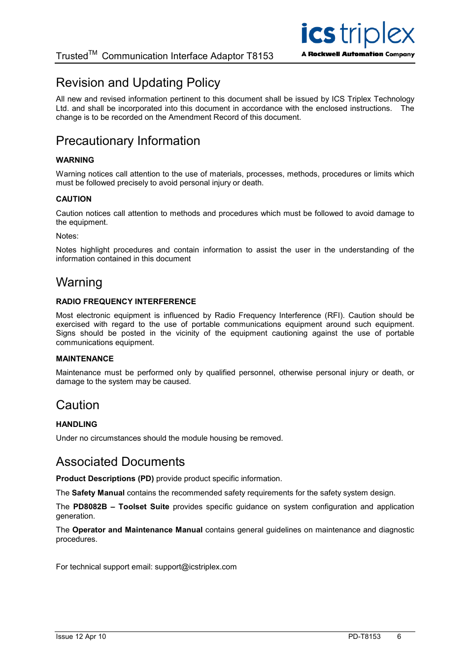 Revision and updating policy, Precautionary information, Warning | Caution, Associated documents | Rockwell Automation T8153 Trusted Communications Interface Adaptor User Manual | Page 6 / 18