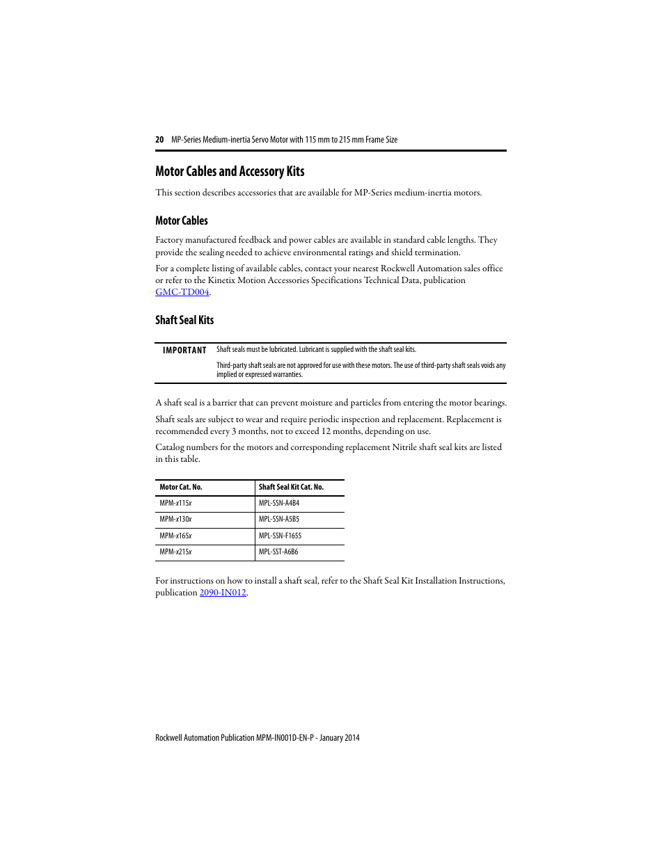 Motor cables and accessory kits, Motor cables, Shaft seal kits | Rockwell Automation MPM-Bxxx Medium Inertia Servo Motor User Manual | Page 20 / 24