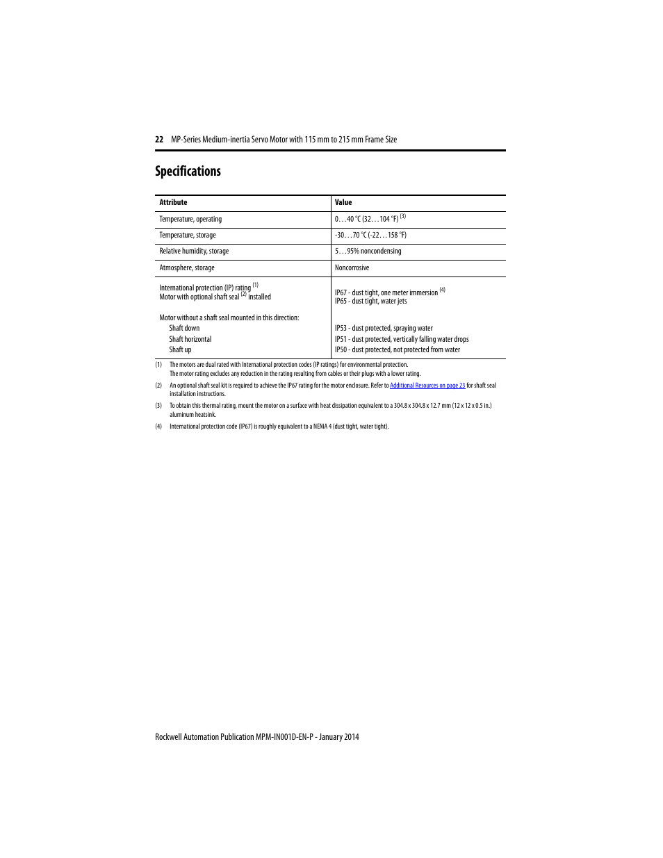 Specifications, Specifications 22 | Rockwell Automation MPM-Bxxx Medium Inertia Servo Motor User Manual | Page 22 / 24