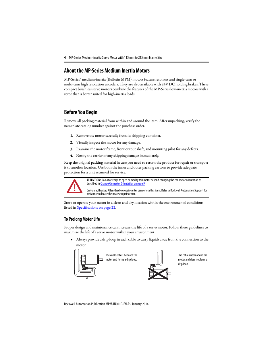 About the mp-series medium inertia motors, Before you begin, To prolong motor life | Rockwell Automation MPM-Bxxx Medium Inertia Servo Motor User Manual | Page 4 / 24