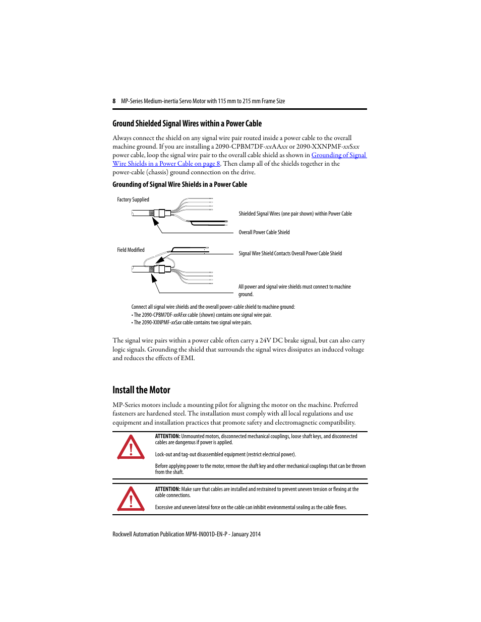 Ground shielded signal wires within a power cable, Install the motor | Rockwell Automation MPM-Bxxx Medium Inertia Servo Motor User Manual | Page 8 / 24