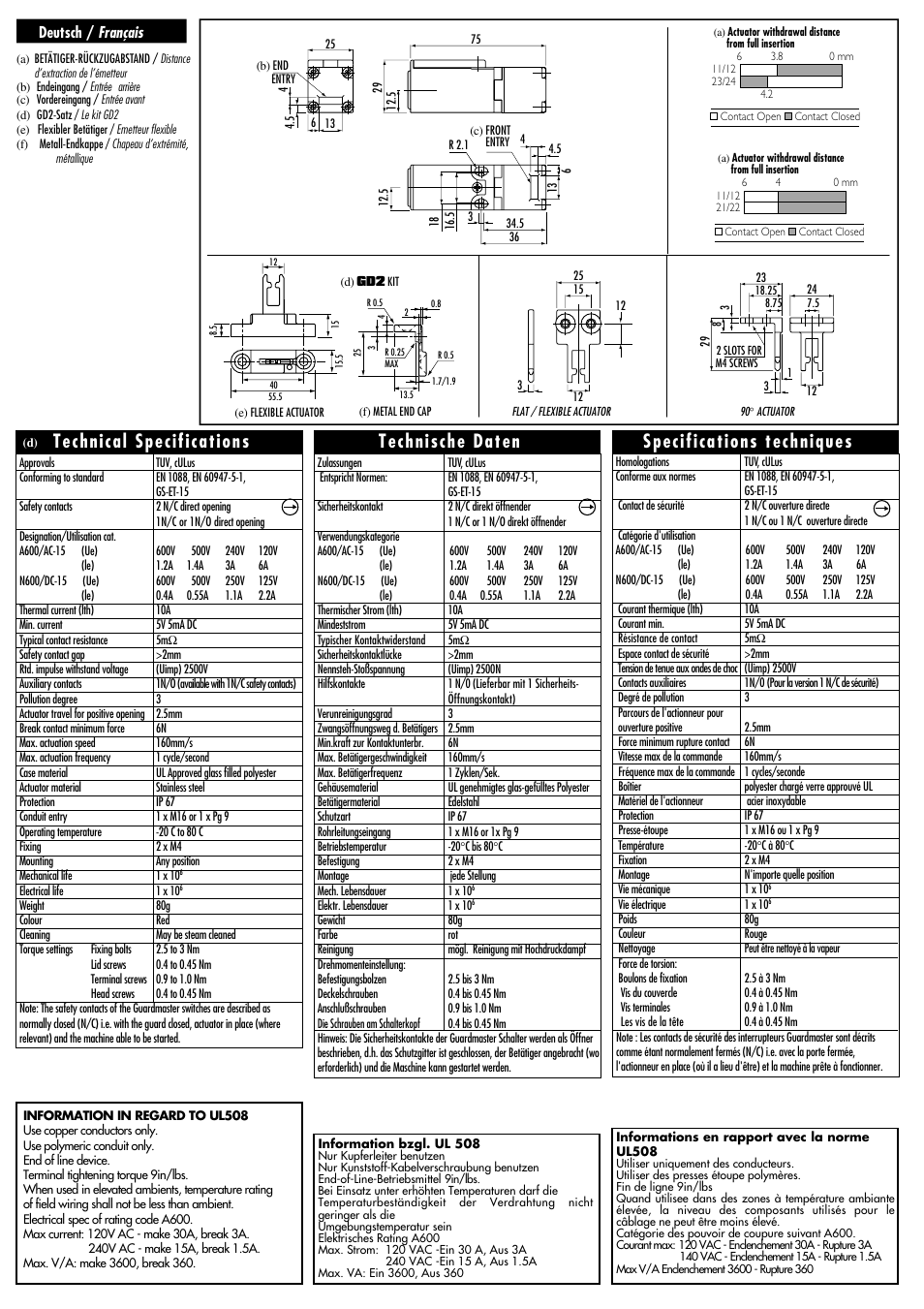 Technical specifications, Specifications techniques, Technische daten | Deutsch / français | Rockwell Automation 440K Elf 3-GD2--Compact Tongue Operated Safety Switch User Manual | Page 3 / 4