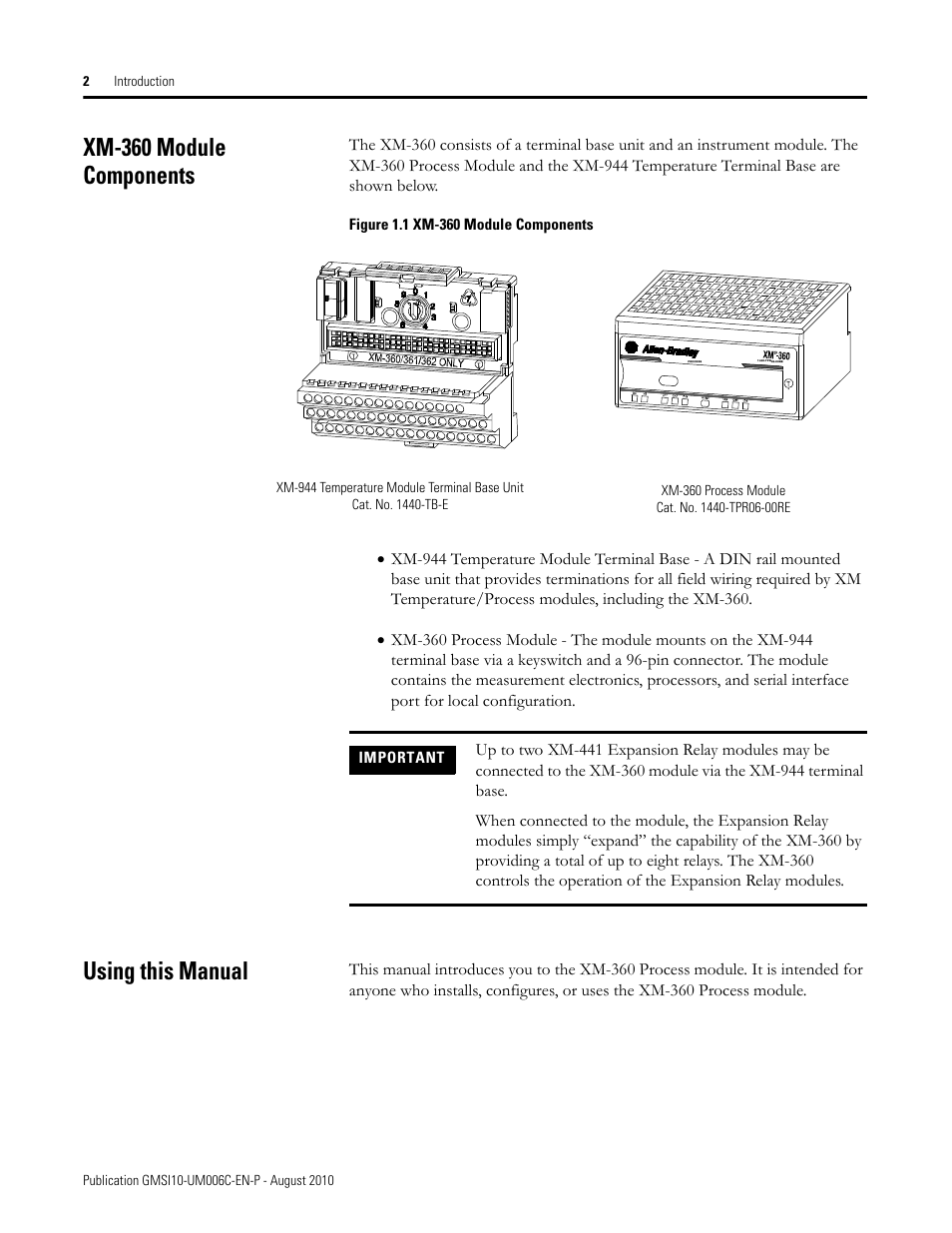 Xm-360 module components, Using this manual, Xm-360 module components using this manual | Rockwell Automation 1440-TPR06-00RE XM-360 Process Module User Manual | Page 10 / 121