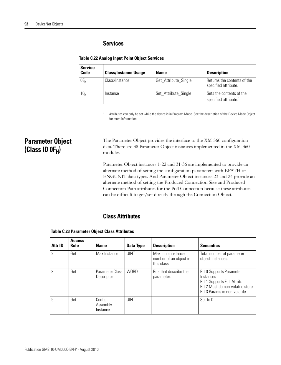Services, Parameter object (class id 0fh), Class attributes | Parameter object (class id 0f | Rockwell Automation 1440-TPR06-00RE XM-360 Process Module User Manual | Page 100 / 121