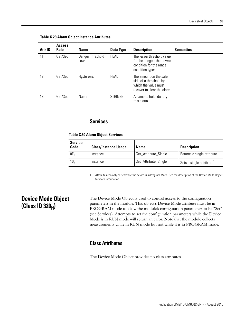 Services, Device mode object (class id 320h), Class attributes | Device mode object (class id 320 | Rockwell Automation 1440-TPR06-00RE XM-360 Process Module User Manual | Page 107 / 121