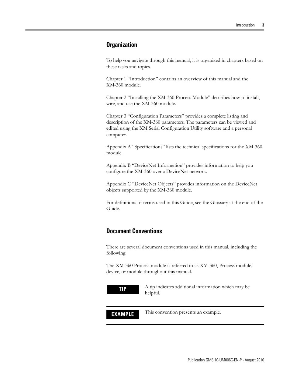 Organization, Document conventions, Organization document conventions | Rockwell Automation 1440-TPR06-00RE XM-360 Process Module User Manual | Page 11 / 121