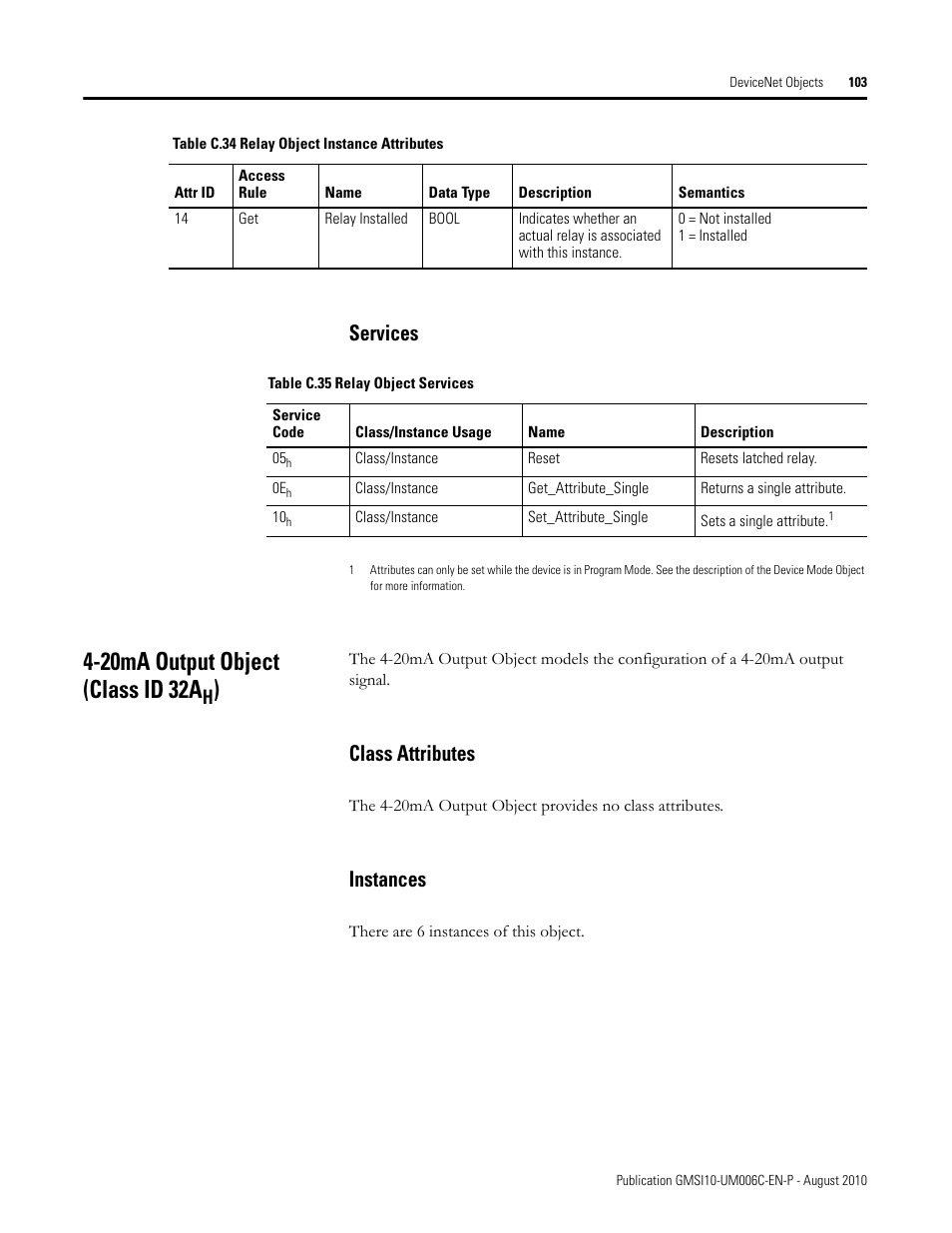 Services, 20ma output object (class id 32ah), Class attributes | Instances, Class attributes instances, 20ma output object (class id 32a | Rockwell Automation 1440-TPR06-00RE XM-360 Process Module User Manual | Page 111 / 121