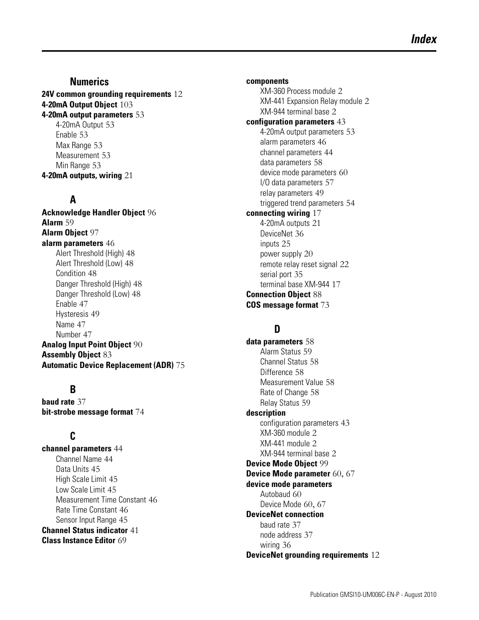Index | Rockwell Automation 1440-TPR06-00RE XM-360 Process Module User Manual | Page 117 / 121