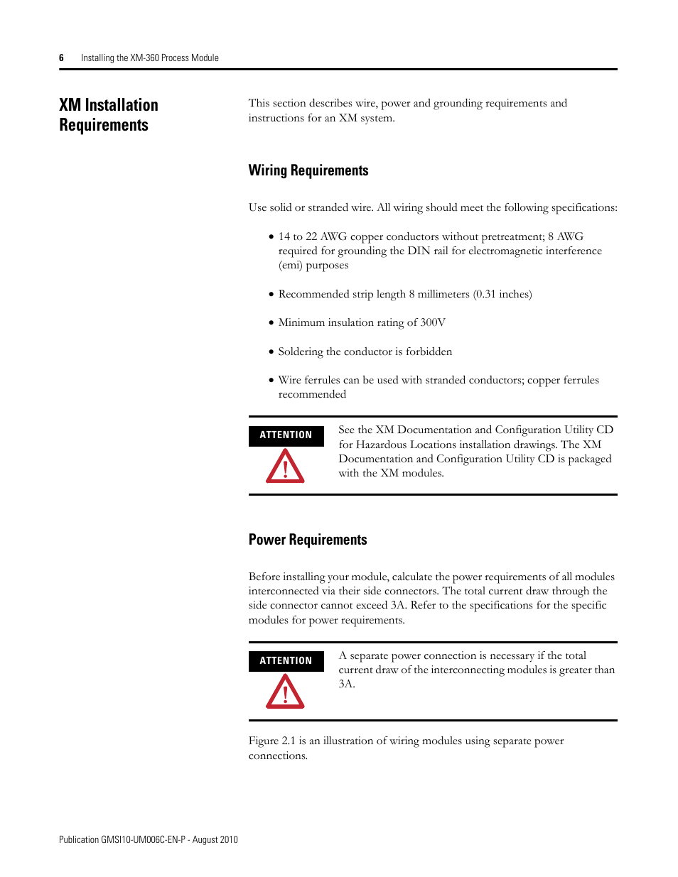 Xm installation requirements, Wiring requirements, Power requirements | Wiring requirements power requirements | Rockwell Automation 1440-TPR06-00RE XM-360 Process Module User Manual | Page 14 / 121