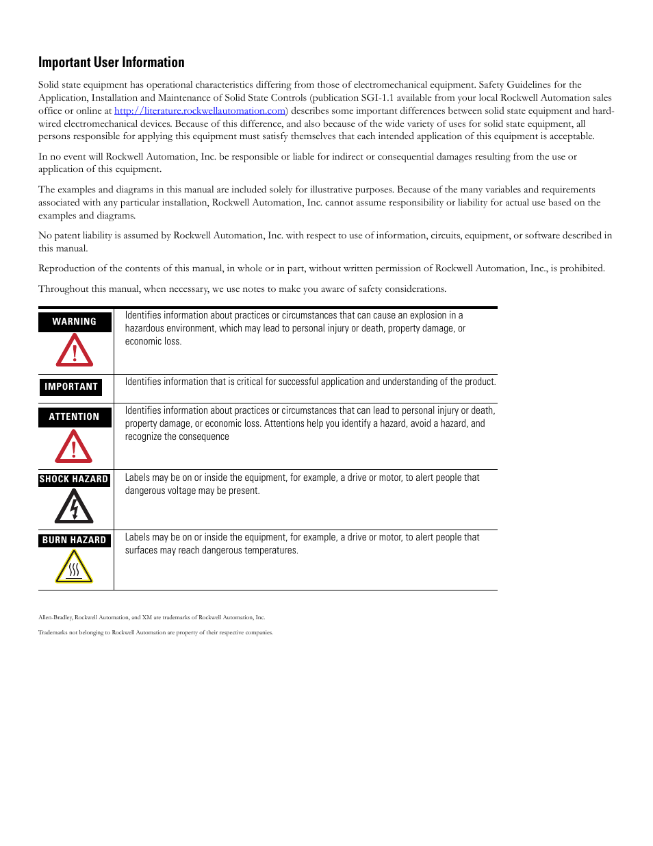 Important user information | Rockwell Automation 1440-TPR06-00RE XM-360 Process Module User Manual | Page 2 / 121