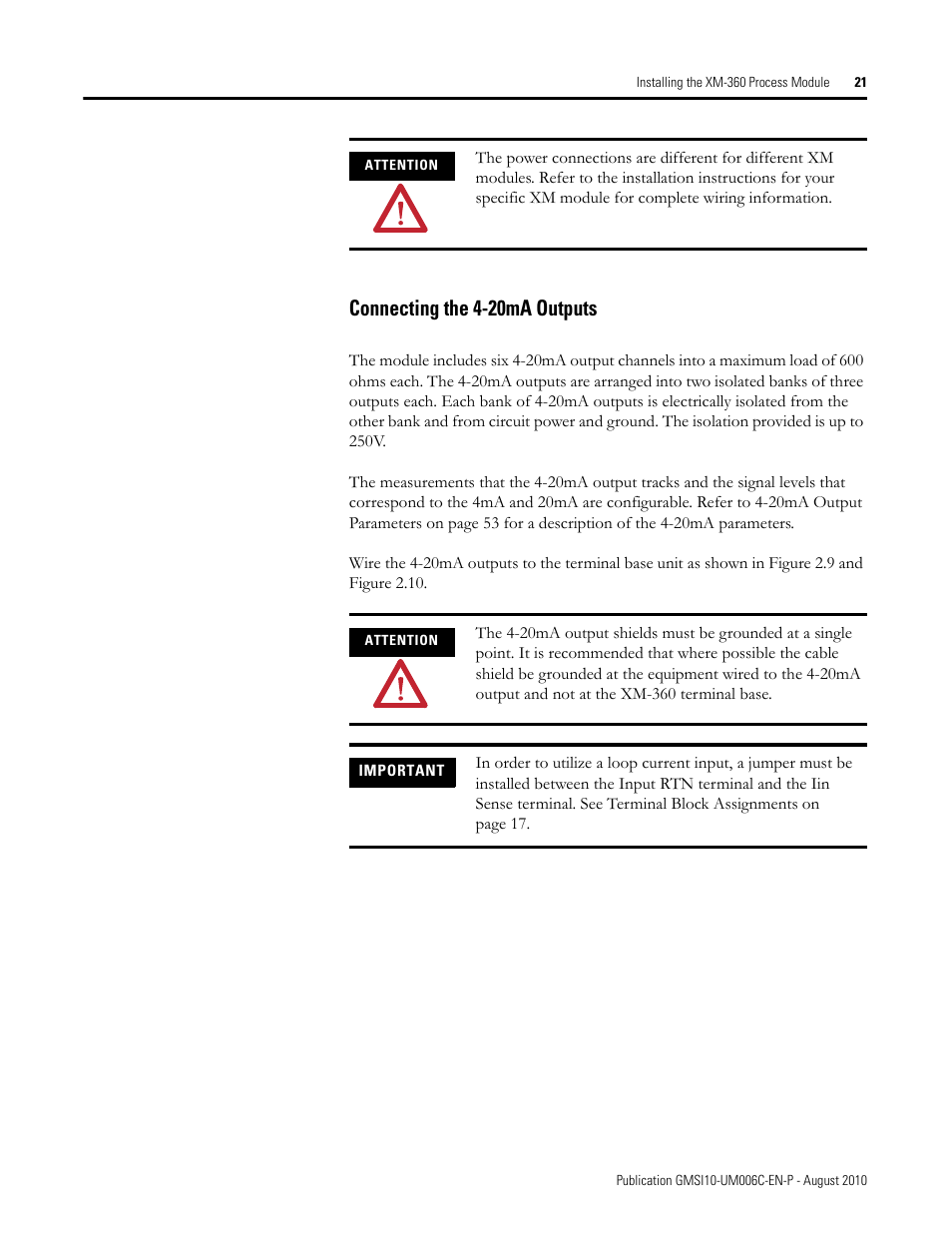 Connecting the 4-20ma outputs | Rockwell Automation 1440-TPR06-00RE XM-360 Process Module User Manual | Page 29 / 121