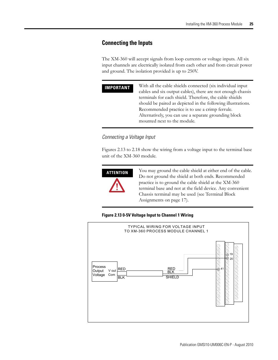 Connecting the inputs, Connecting a voltage input | Rockwell Automation 1440-TPR06-00RE XM-360 Process Module User Manual | Page 33 / 121