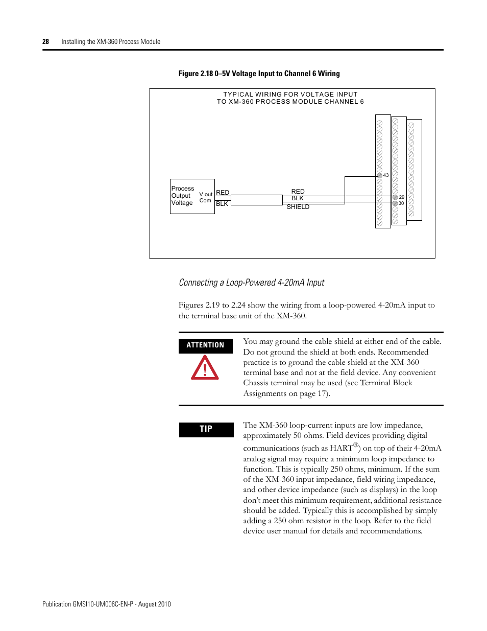 18 sho, Connecting a loop-powered 4-20ma input | Rockwell Automation 1440-TPR06-00RE XM-360 Process Module User Manual | Page 36 / 121