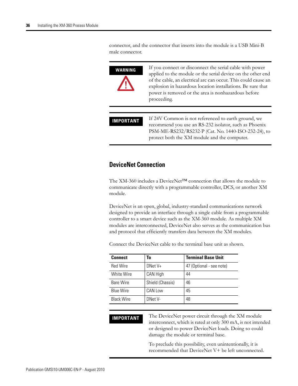 Devicenet connection | Rockwell Automation 1440-TPR06-00RE XM-360 Process Module User Manual | Page 44 / 121