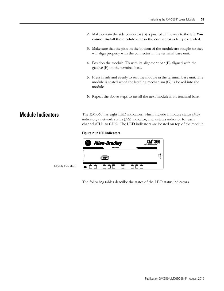 Module indicators | Rockwell Automation 1440-TPR06-00RE XM-360 Process Module User Manual | Page 47 / 121