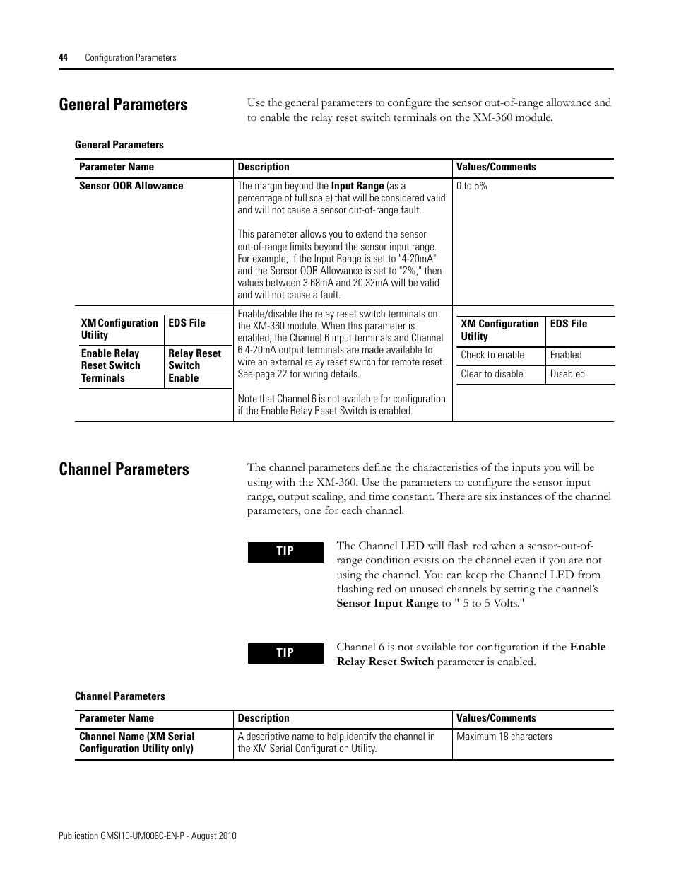 General parameters, Channel parameters, General parameters channel parameters | Rockwell Automation 1440-TPR06-00RE XM-360 Process Module User Manual | Page 52 / 121