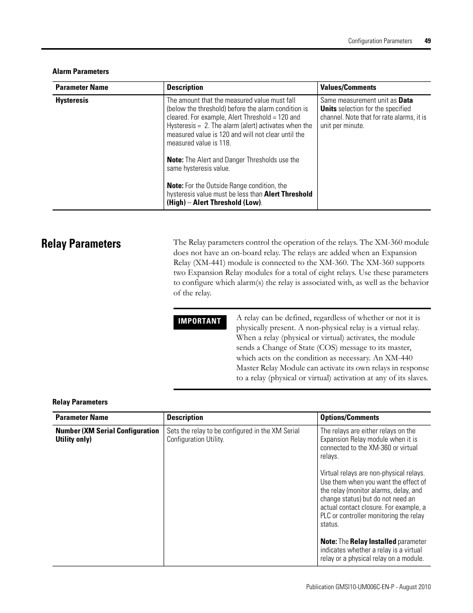 Relay parameters | Rockwell Automation 1440-TPR06-00RE XM-360 Process Module User Manual | Page 57 / 121