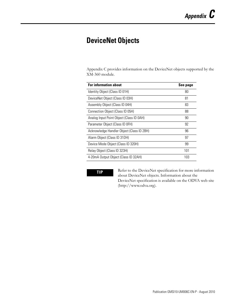 Devicenet objects, Appendix c, Appendix | Rockwell Automation 1440-TPR06-00RE XM-360 Process Module User Manual | Page 87 / 121