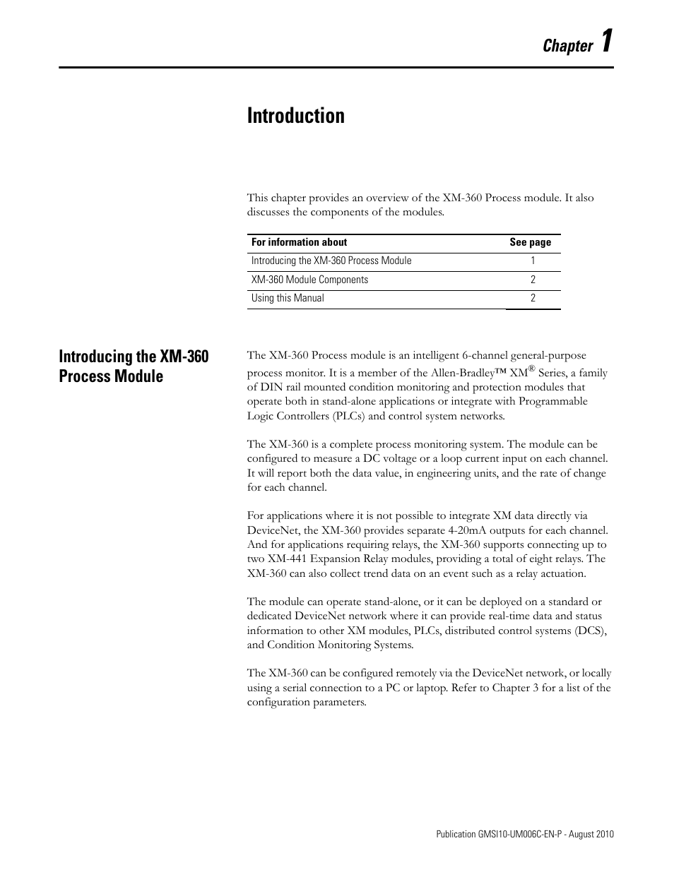 Introduction, Introducing the xm-360 process module, Chapter | Rockwell Automation 1440-TPR06-00RE XM-360 Process Module User Manual | Page 9 / 121