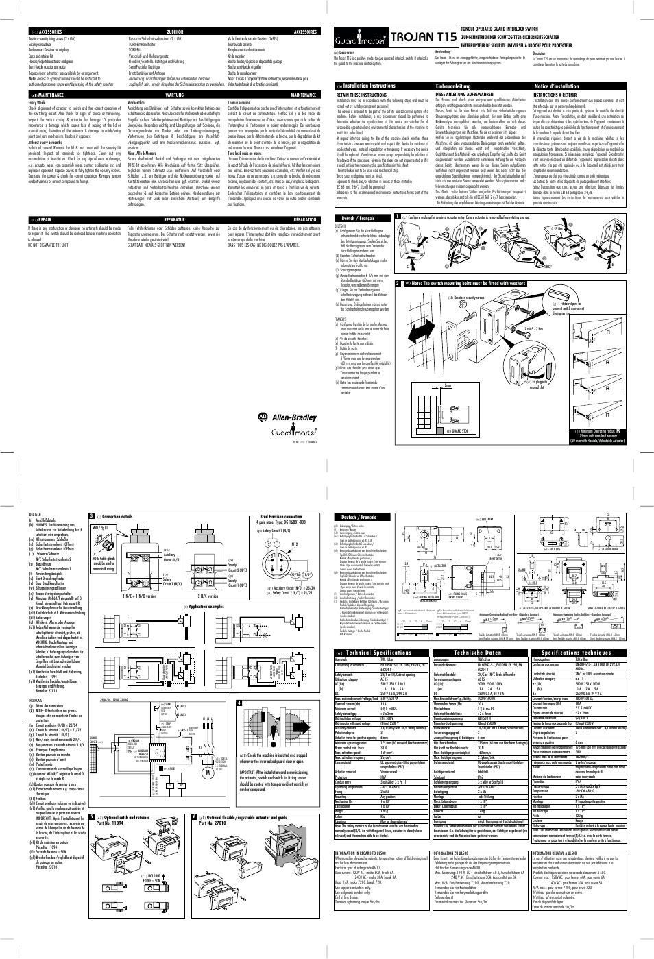 Rockwell Automation TROJAN T15 Tongue Operated Guard Interlock Switch User Manual | 1 page