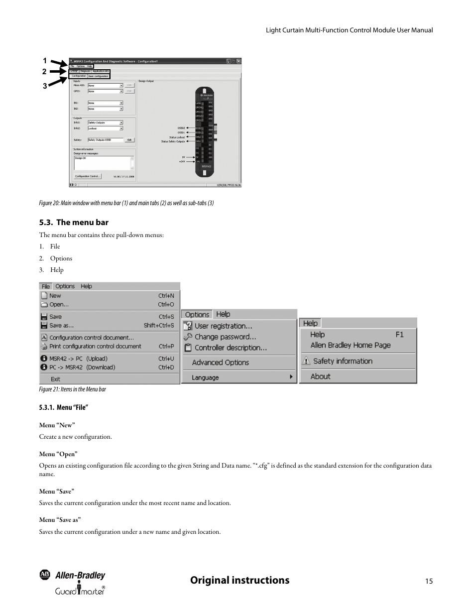 The menu bar, Menu “file, The menu bar menu “file | Original instructions | Rockwell Automation MSR42 Curtains Configuration and Diagnostic Software Tool User Manual User Manual | Page 17 / 60