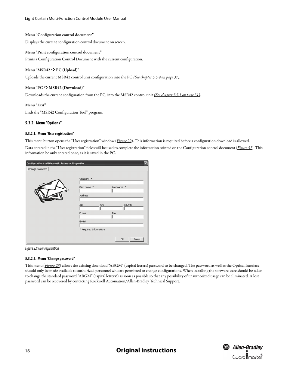 Menu “options, Original instructions | Rockwell Automation MSR42 Curtains Configuration and Diagnostic Software Tool User Manual User Manual | Page 18 / 60