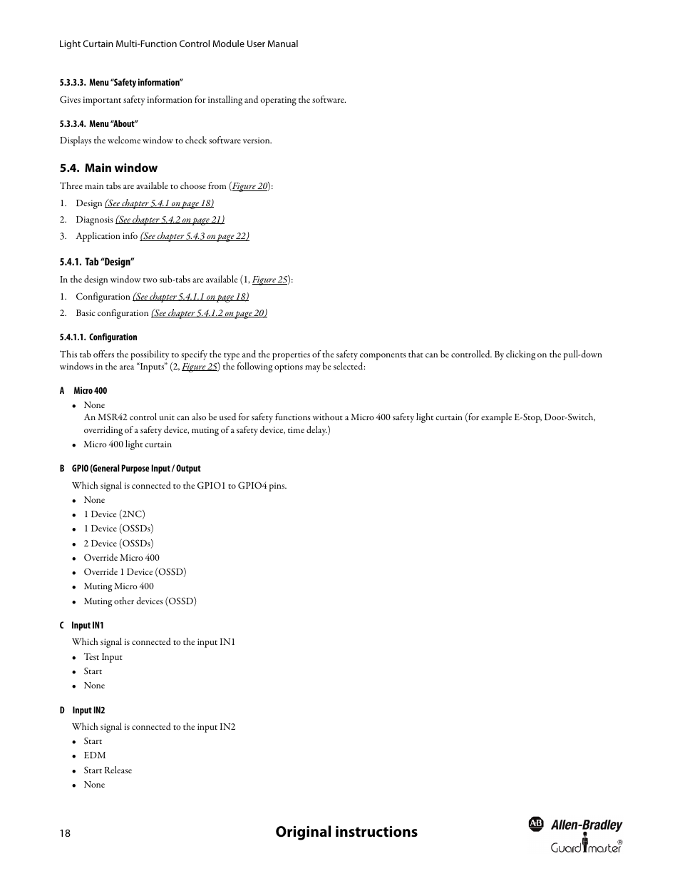 Main window, Tab “design, A micro 400 | B gpio (general purpose input / output, C input in1, D input in2, Main window tab “design, Original instructions | Rockwell Automation MSR42 Curtains Configuration and Diagnostic Software Tool User Manual User Manual | Page 20 / 60