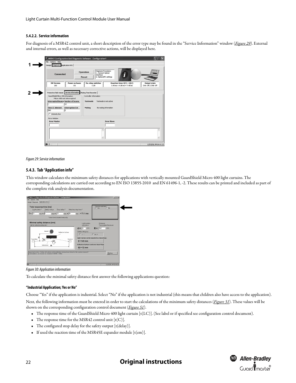 Tab “application info, Industrial application; yes or no, Original instructions | Rockwell Automation MSR42 Curtains Configuration and Diagnostic Software Tool User Manual User Manual | Page 24 / 60