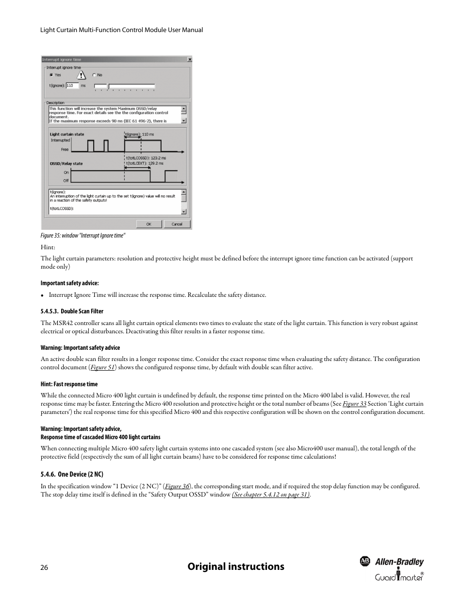 Important safety advice, Warning: important safety advice, Hint: fast response time | One device (2 nc), Original instructions | Rockwell Automation MSR42 Curtains Configuration and Diagnostic Software Tool User Manual User Manual | Page 28 / 60