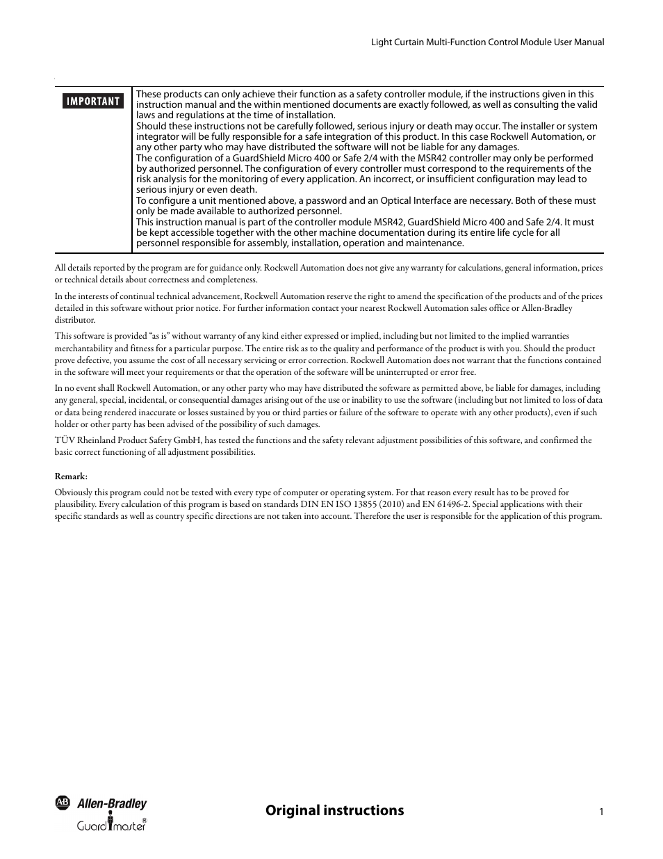 Original instructions | Rockwell Automation MSR42 Curtains Configuration and Diagnostic Software Tool User Manual User Manual | Page 3 / 60