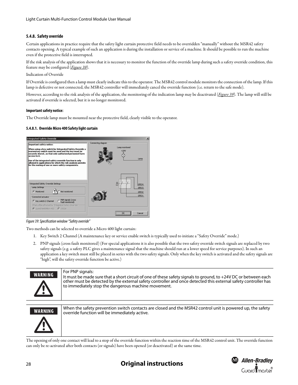 Safety override, Important safety notice, Original instructions | Rockwell Automation MSR42 Curtains Configuration and Diagnostic Software Tool User Manual User Manual | Page 30 / 60