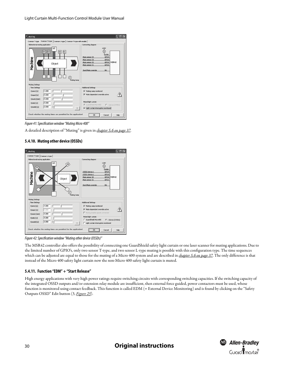 Muting other device (ossds), Function “edm” + “start release, Original instructions | Rockwell Automation MSR42 Curtains Configuration and Diagnostic Software Tool User Manual User Manual | Page 32 / 60