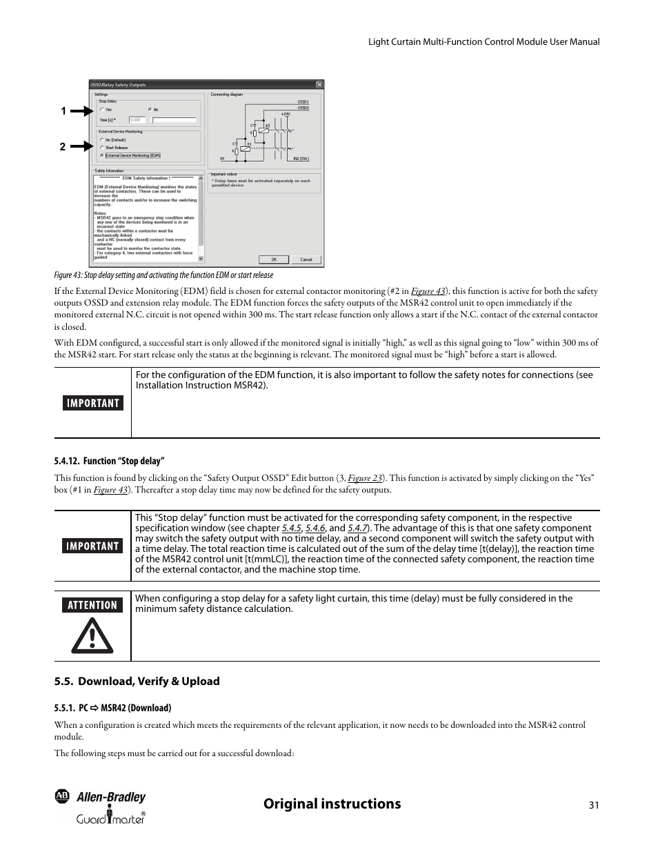 Function “stop delay, Download, verify & upload, Pc ð msr42 (download) | Function “stop delay” download, verify & upload pc, Original instructions | Rockwell Automation MSR42 Curtains Configuration and Diagnostic Software Tool User Manual User Manual | Page 33 / 60