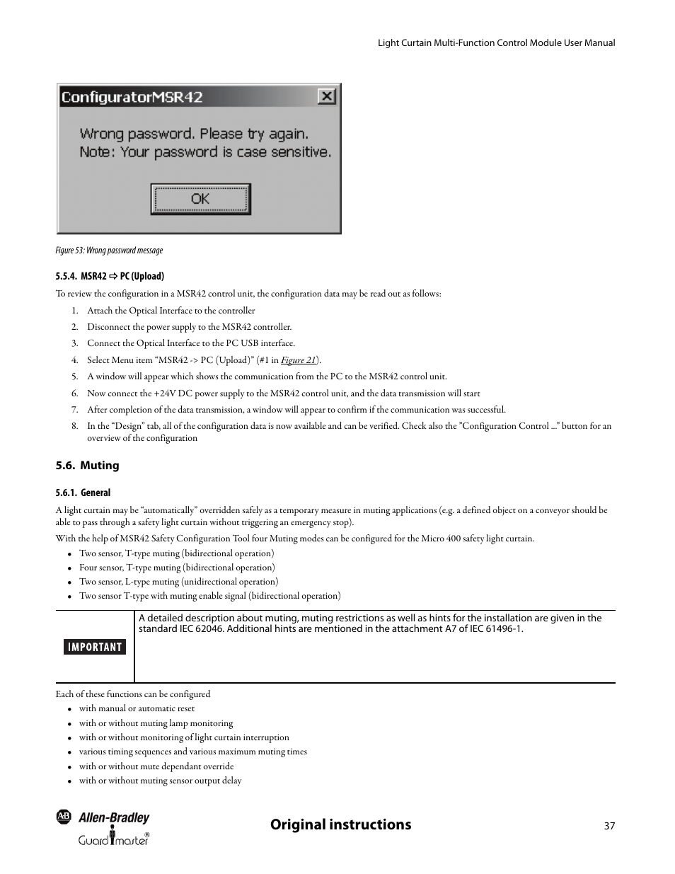 Msr42 ð pc (upload), Muting, General | Msr42, Muting general, Original instructions | Rockwell Automation MSR42 Curtains Configuration and Diagnostic Software Tool User Manual User Manual | Page 39 / 60