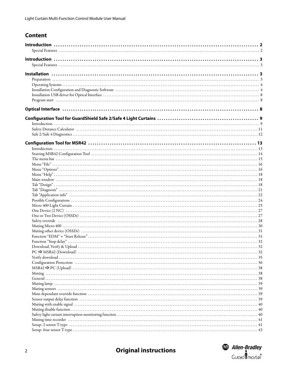 Content, Original instructions | Rockwell Automation MSR42 Curtains Configuration and Diagnostic Software Tool User Manual User Manual | Page 4 / 60