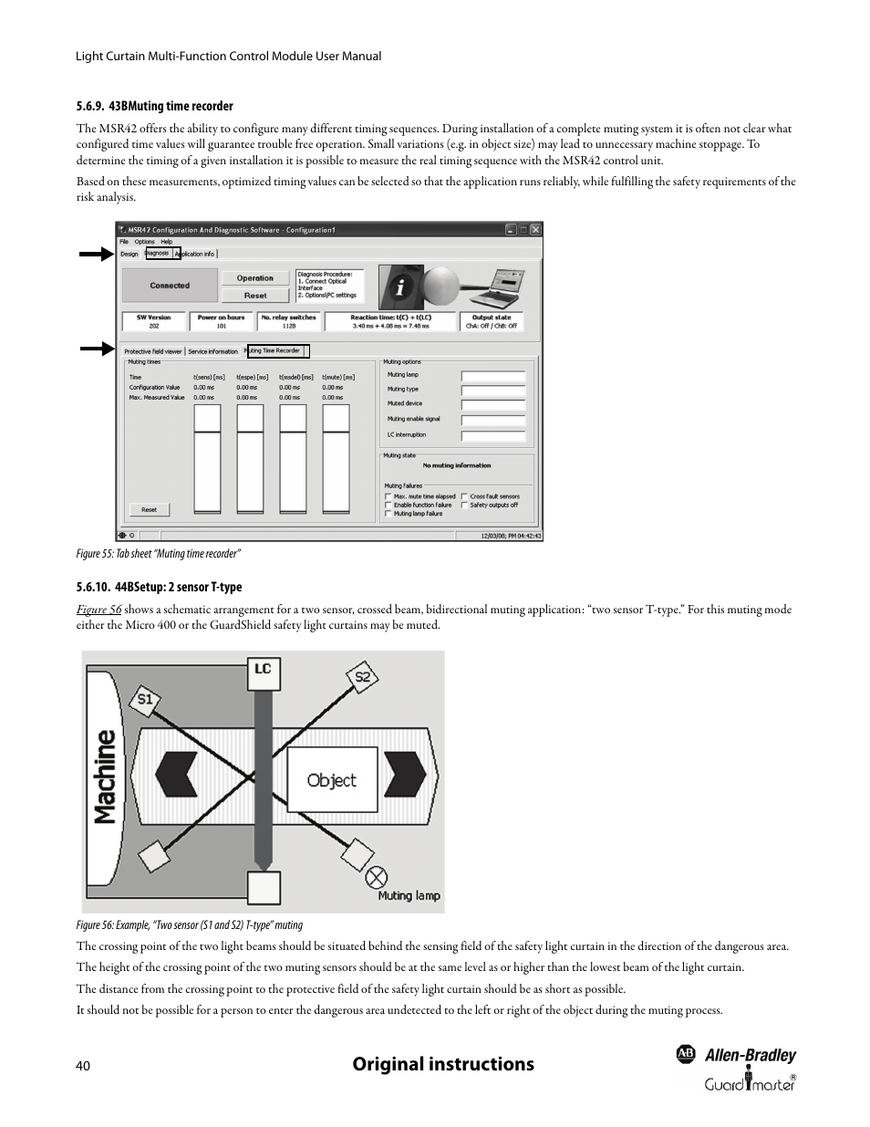 43bmuting time recorder, 44bsetup: 2 sensor t-type, Muting time recorder setup: 2 sensor t-type | Original instructions | Rockwell Automation MSR42 Curtains Configuration and Diagnostic Software Tool User Manual User Manual | Page 42 / 60