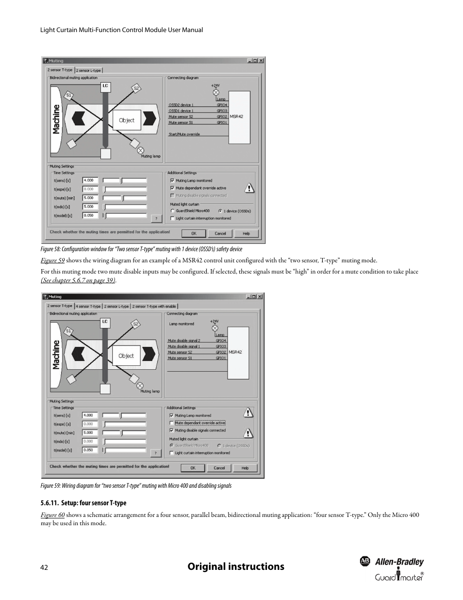 Setup: four sensor t-type, Figure 59 and, Figure 58 | Original instructions | Rockwell Automation MSR42 Curtains Configuration and Diagnostic Software Tool User Manual User Manual | Page 44 / 60
