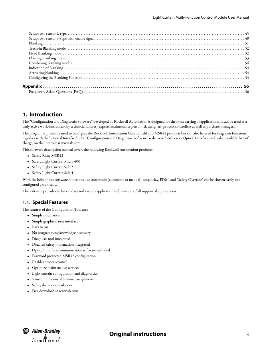 Introduction, Special features, Ntroduction | Original instructions | Rockwell Automation MSR42 Curtains Configuration and Diagnostic Software Tool User Manual User Manual | Page 5 / 60