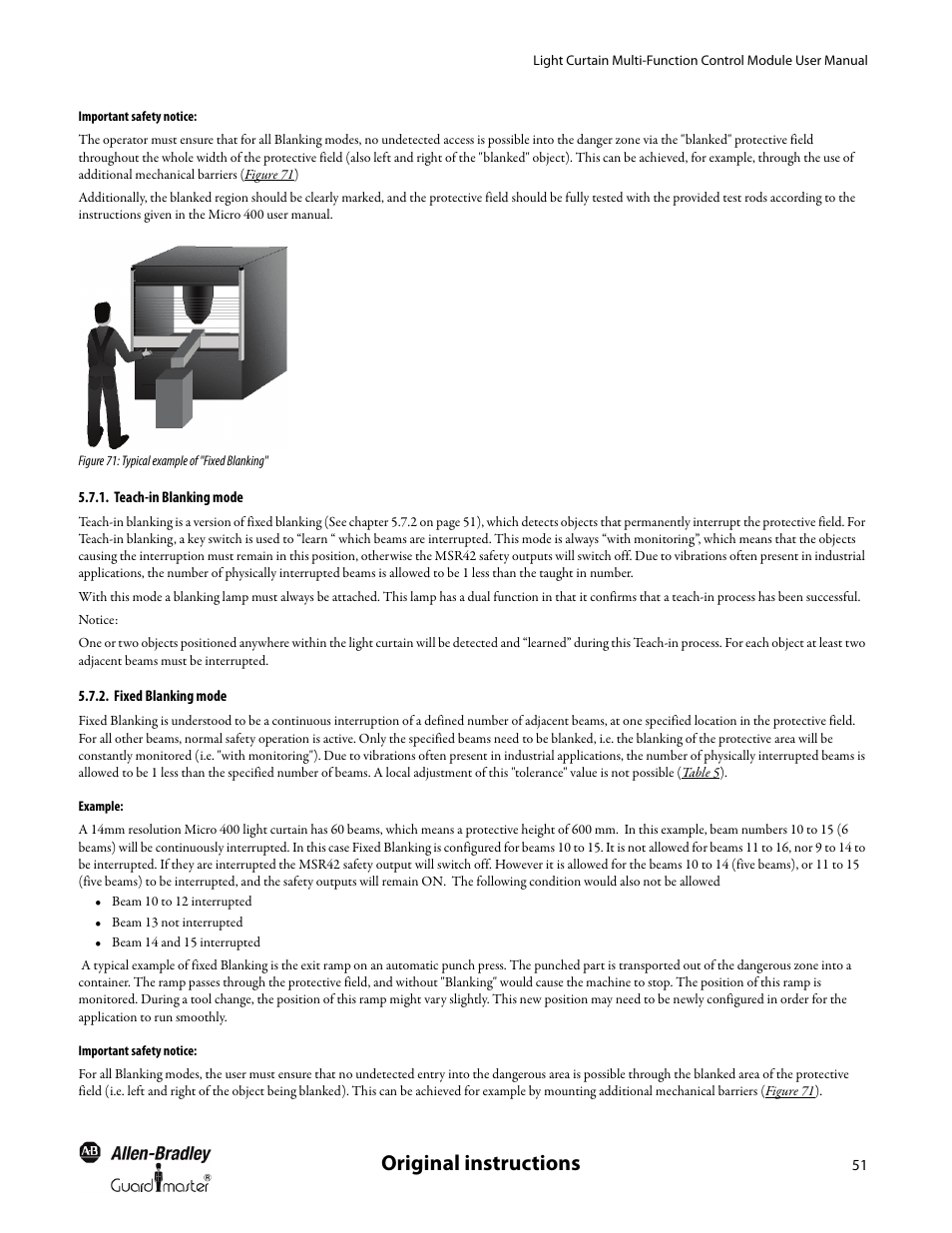 Important safety notice, Teach-in blanking mode, Fixed blanking mode | Example, Teach-in blanking mode fixed blanking mode, Original instructions | Rockwell Automation MSR42 Curtains Configuration and Diagnostic Software Tool User Manual User Manual | Page 53 / 60