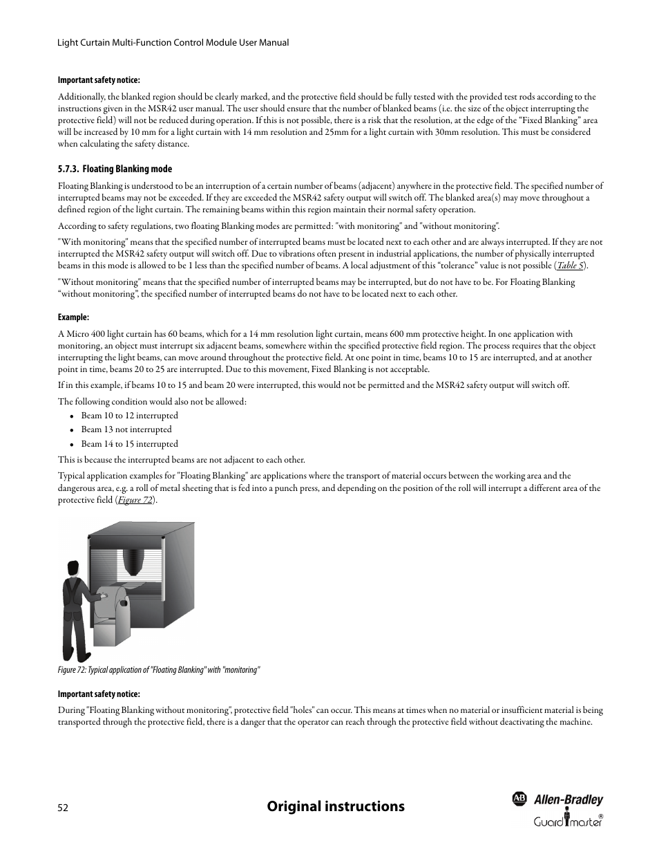 Important safety notice, Floating blanking mode, Example | Original instructions | Rockwell Automation MSR42 Curtains Configuration and Diagnostic Software Tool User Manual User Manual | Page 54 / 60