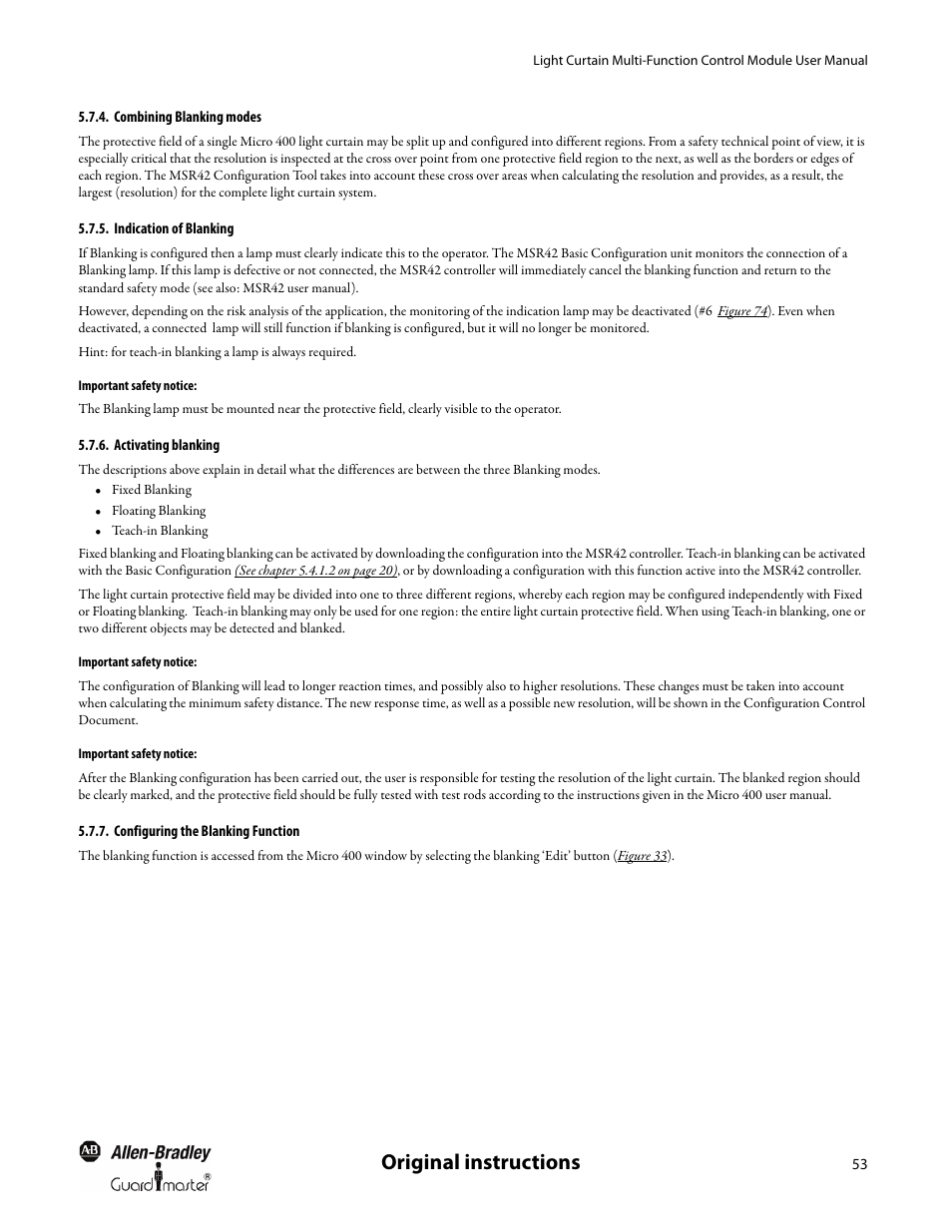 Combining blanking modes, Indication of blanking, Important safety notice | Activating blanking, Configuring the blanking function, Original instructions | Rockwell Automation MSR42 Curtains Configuration and Diagnostic Software Tool User Manual User Manual | Page 55 / 60