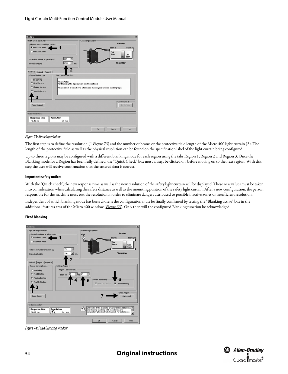 Important safety notice, Fixed blanking, Figure 74 ) | Original instructions | Rockwell Automation MSR42 Curtains Configuration and Diagnostic Software Tool User Manual User Manual | Page 56 / 60