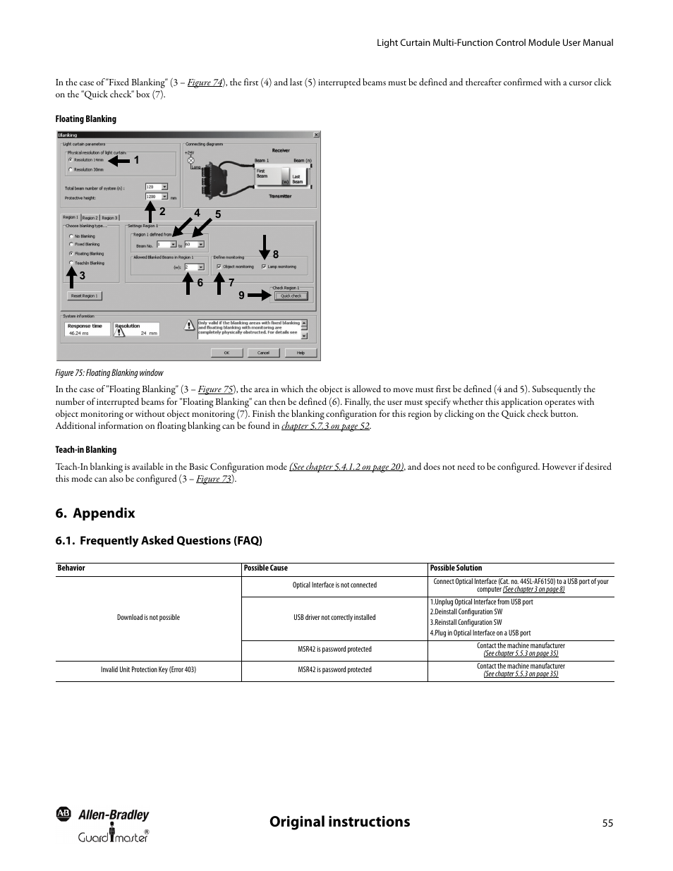 Floating blanking, Teach-in blanking, Appendix | Frequently asked questions (faq), Original instructions | Rockwell Automation MSR42 Curtains Configuration and Diagnostic Software Tool User Manual User Manual | Page 57 / 60