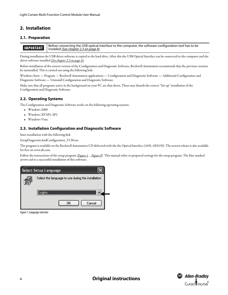 Installation, Preparation, Operating systems | Installation configuration and diagnostic software, Preparation operating systems, Original instructions | Rockwell Automation MSR42 Curtains Configuration and Diagnostic Software Tool User Manual User Manual | Page 6 / 60