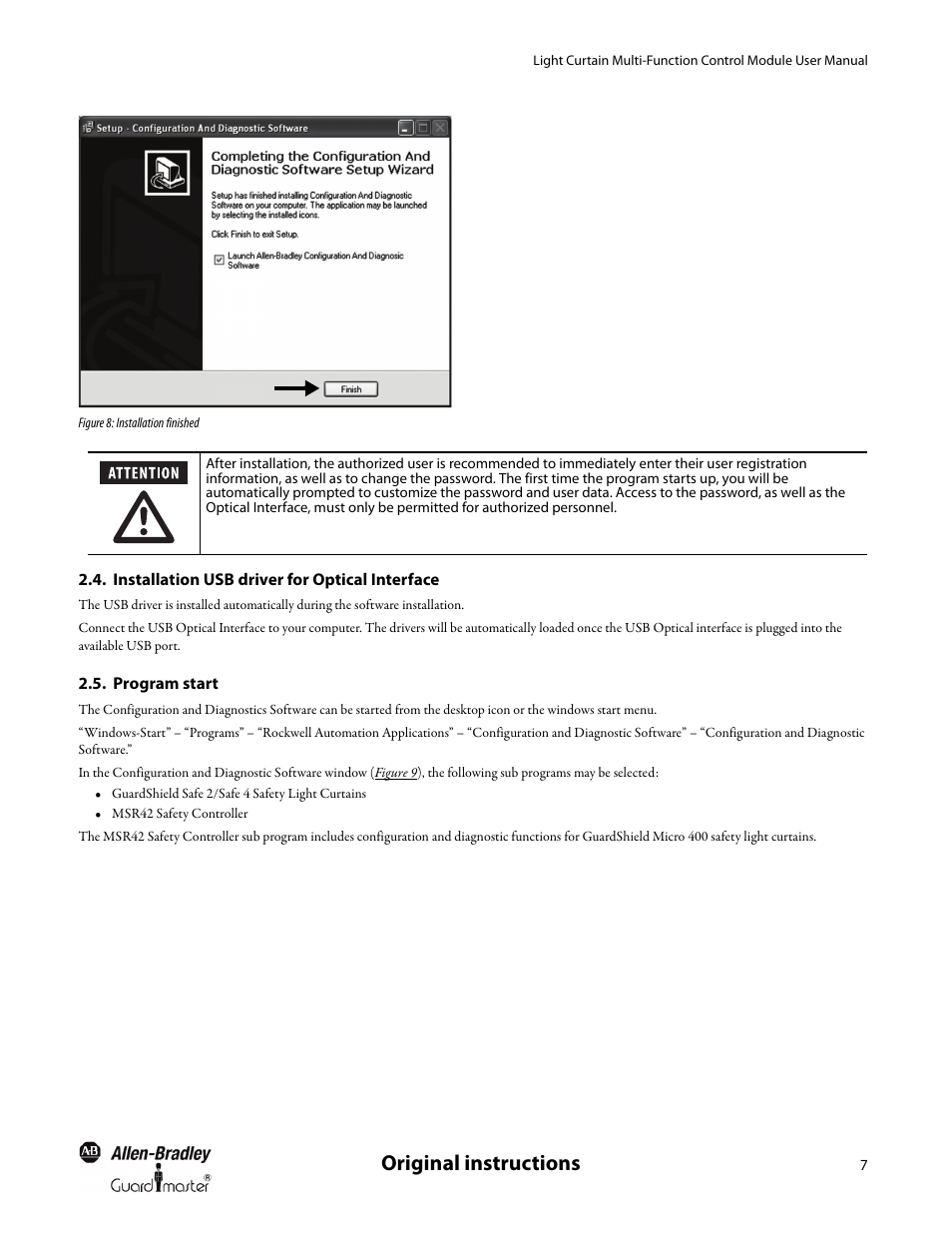 Installation usb driver for optical interface, Program start, Original instructions | Rockwell Automation MSR42 Curtains Configuration and Diagnostic Software Tool User Manual User Manual | Page 9 / 60